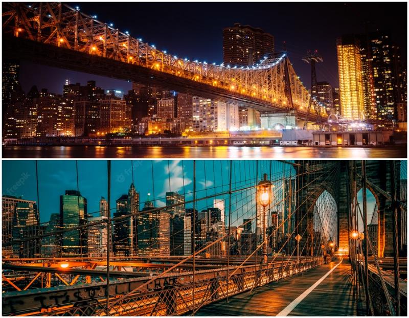 Toàn cảnh Cầu Brooklyn bắc qua sông East River, nhìn về phía đường chân trời của khu Lower Manhattan vào buổi sáng hoặc chiều tà